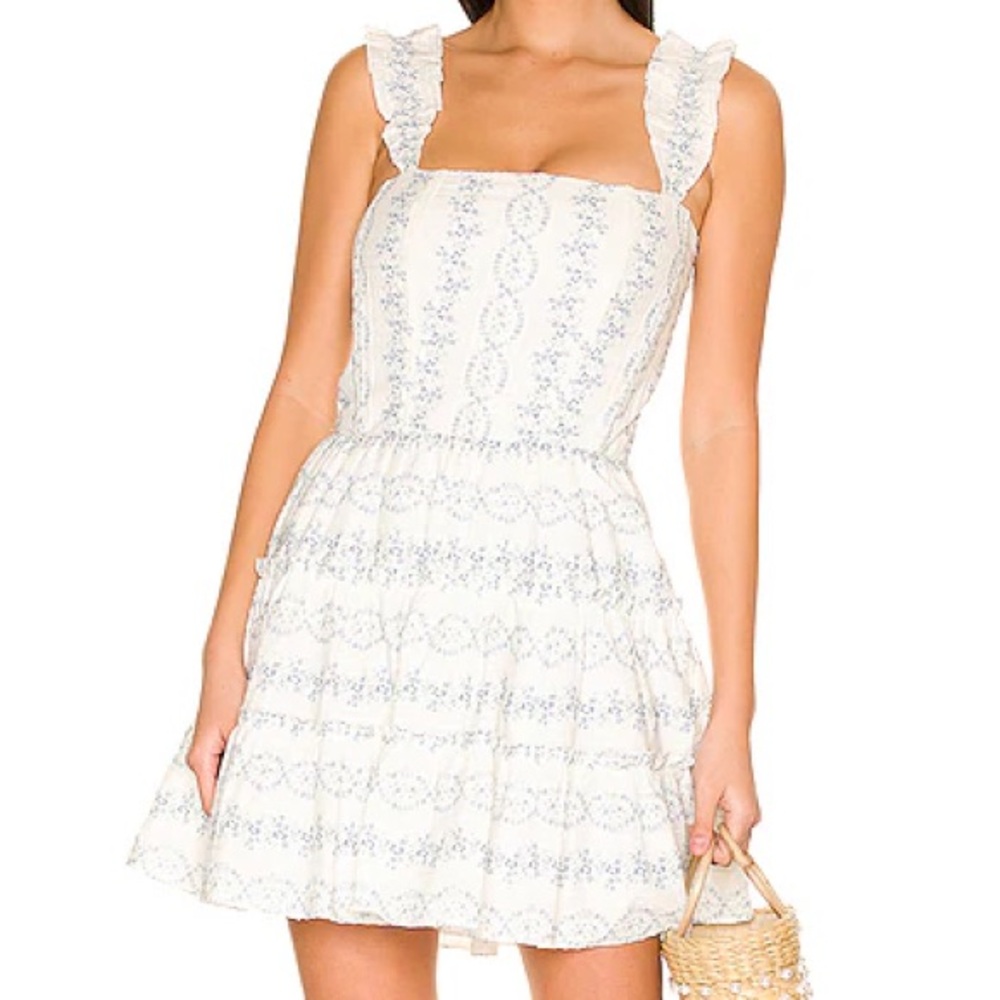 Revolve | SAYLOR | Jaime Dress in Parisian Blue Floral White and Blue Ruffle